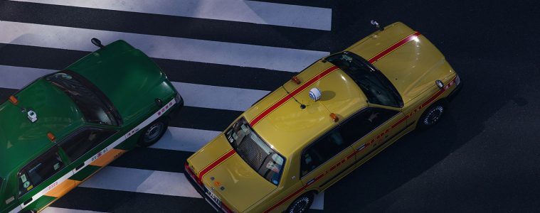 Tokyo taxis: looking down from Tokyu Plaza, Ginza